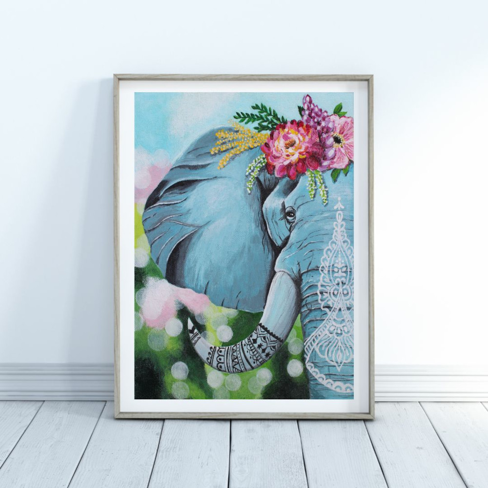 Painting of an elephant with flower crown