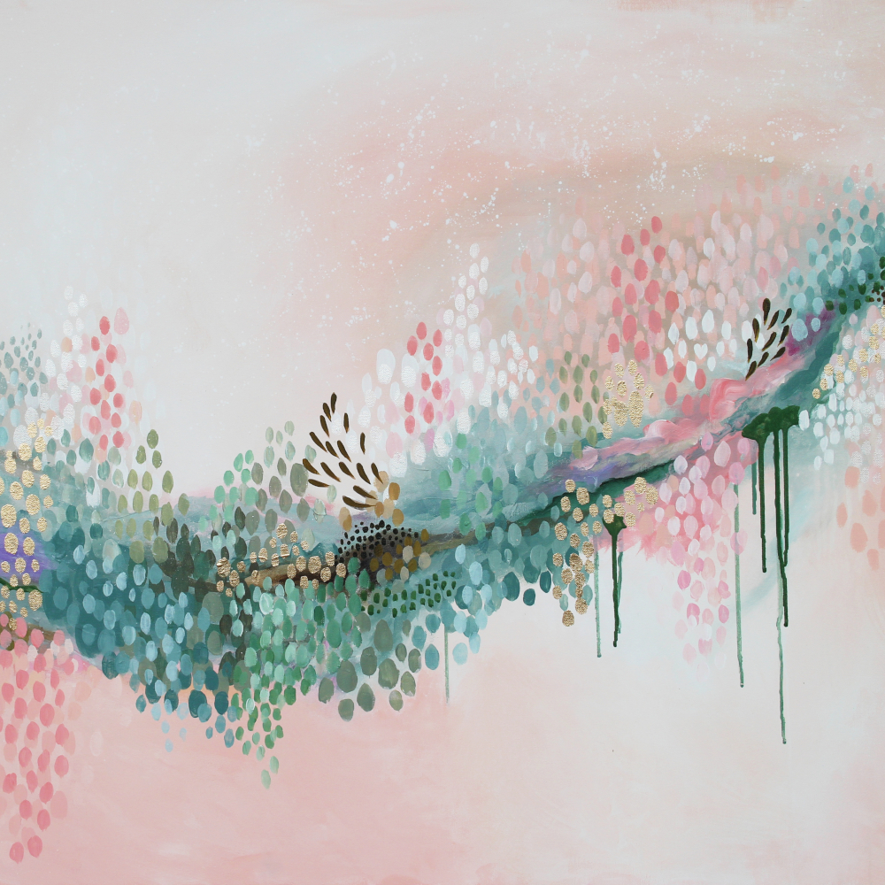 Abstract painting with pink, green and gold colors