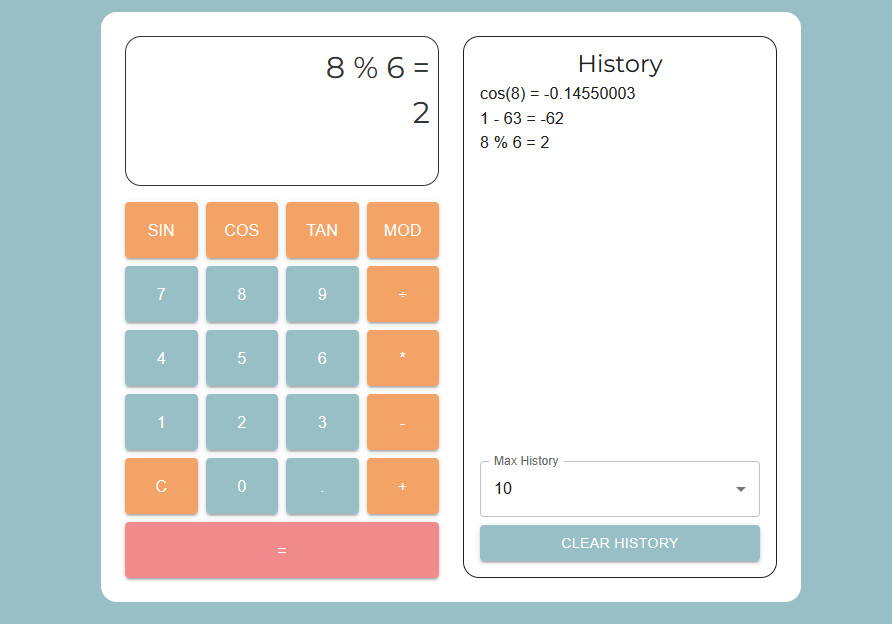 Calculator app interface with buttons and a display.