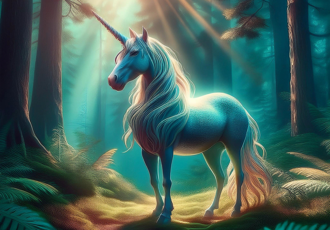 Beautiful white unicorn in a mystical fairytale forest.